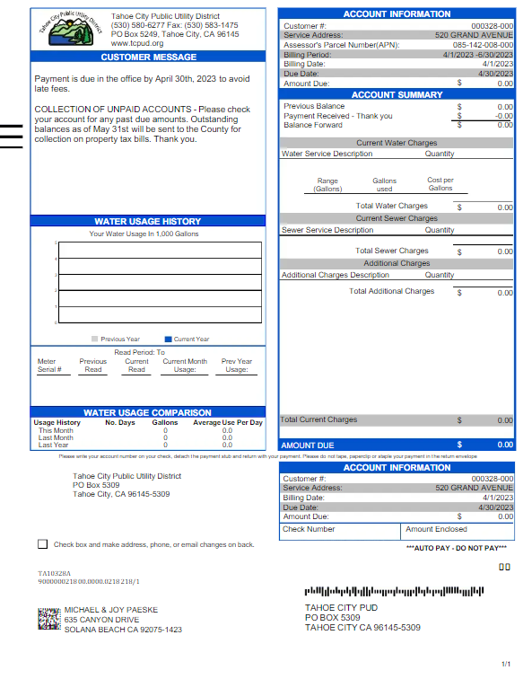 USA TAHOE CITY PUBLIC UTILITY utility bill Word and PDF template